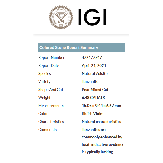 TANZANIT 6,48 ct IGI