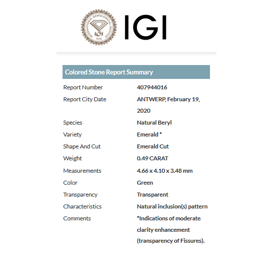 SZMARAGD NATURALNY 0,49 ct IGI